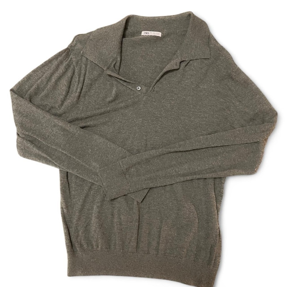 Zara Knit Polo Men’s Sweater in heathered olive green L